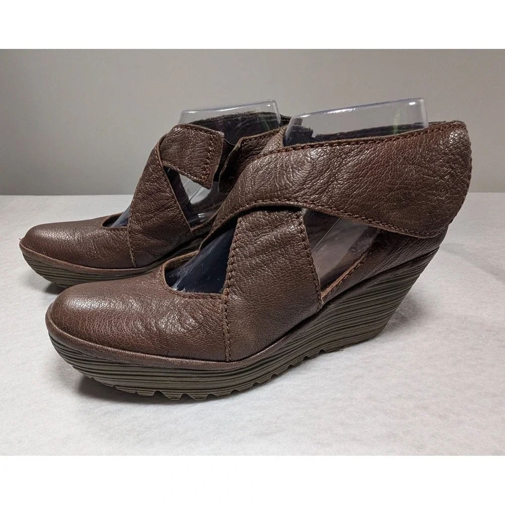 Fly London Pez Brown Leather Wedge Mary Jane Hook & Loop Comfort Shoes Women 8.5